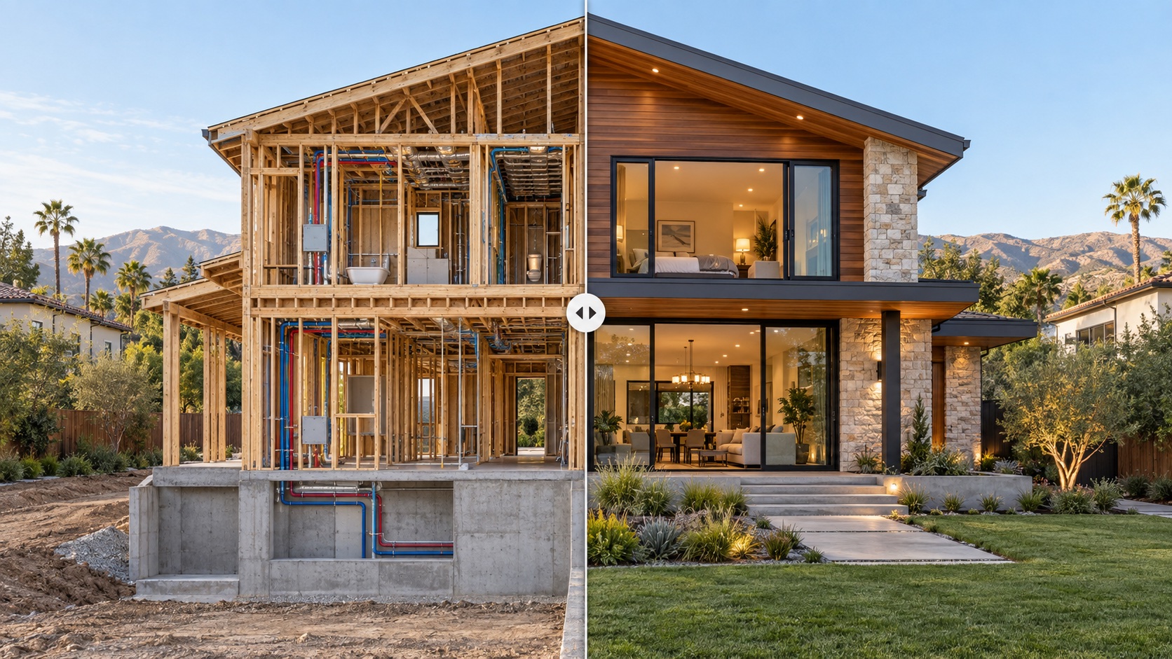 Split architectural view of a custom family home showing exposed structure and building systems on the left and the completed warm modern residence on the right.