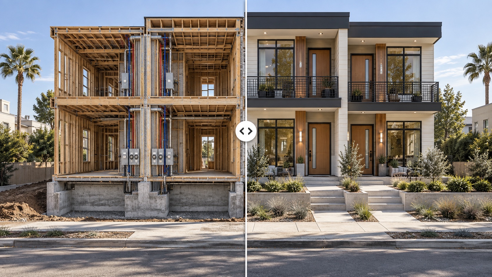 Split architectural view of a four-unit investment property showing structural framing and separate building systems on the left and the completed modern fourplex on the right.
