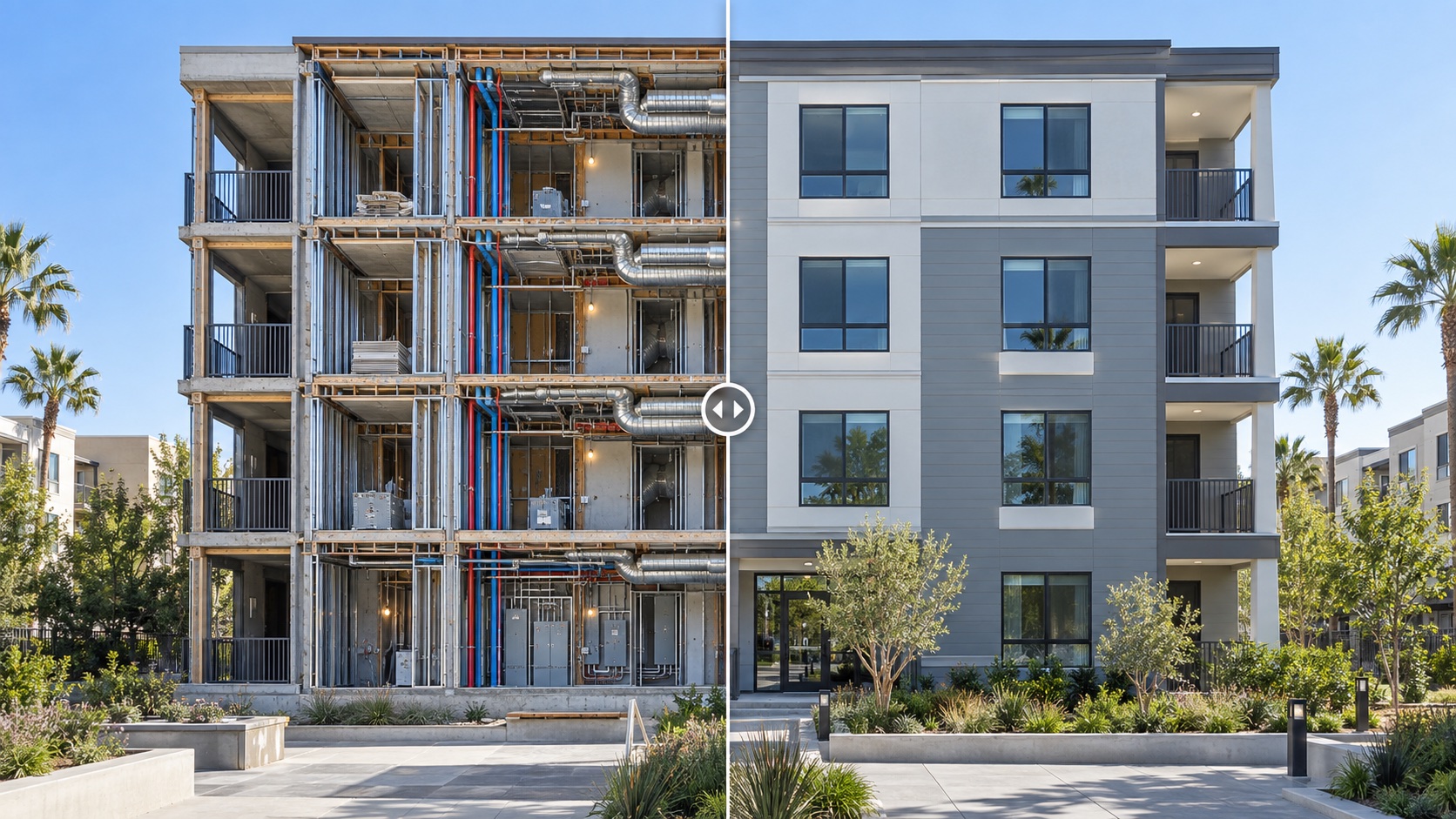 Split architectural view of a four-story apartment building showing exposed plumbing, electrical and HVAC systems on the left and the restored property exterior on the right.