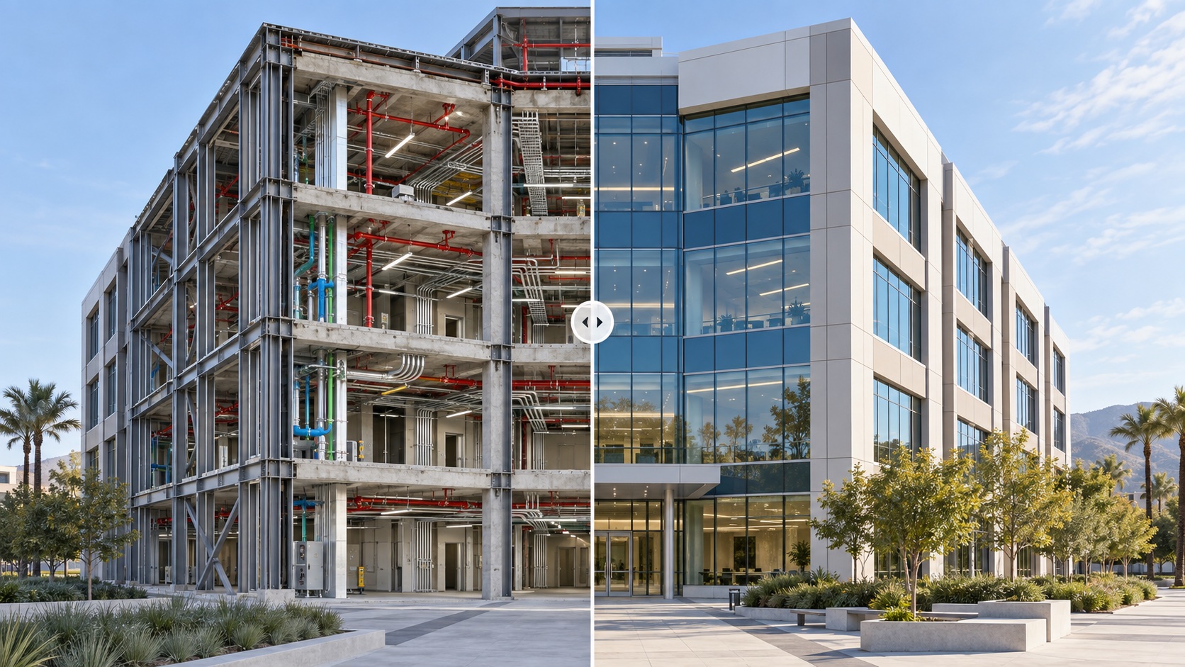 Split architectural view of a municipal office building showing reinforced structure and commercial systems on the left and the completed public facility on the right.